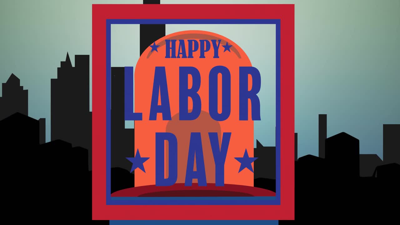 Digital animation of happy labor text over flashing siren against silhouette of cityscape
