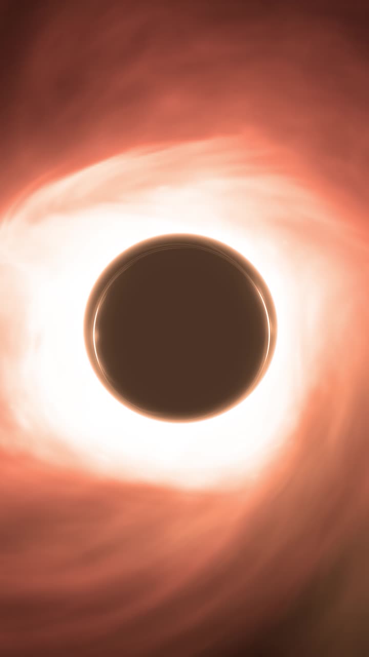 Vertical Top Down View of Black Hole with Glowing Bright Accretion Disk Swirling Around and Strong Gravity Pulling In Gas and Dust.