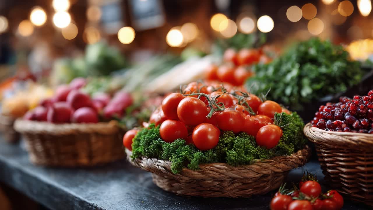 A Vibrant Display of Fresh Organic Produce: Lush Greenery Surrounds Plump Tomatoes in Baskets at a Bustling Marketplace, Highlighting Nature's Bounty and Colorful Variety