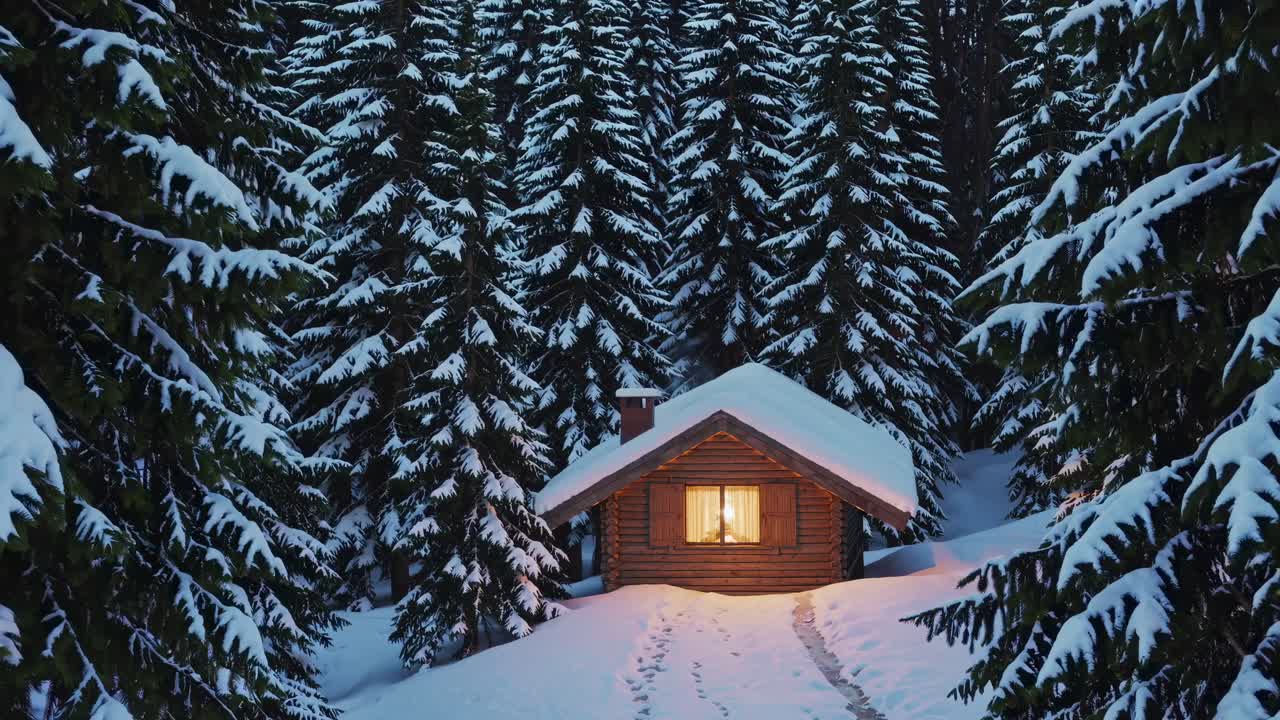 A cozy cabin in snowy woods, captured from a straight-on angle. The warm glow from the window