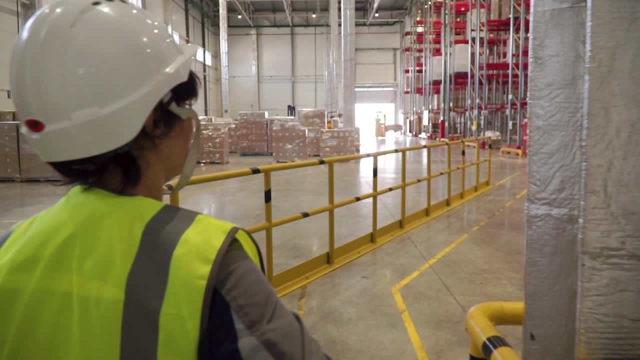 trabajador de almacén y carretilla elevadora en un gran centro de distribución