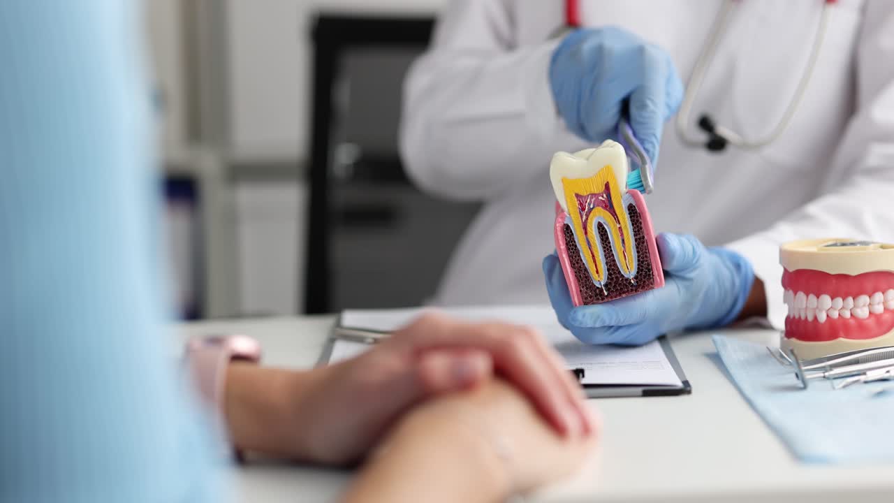 Médico mostra ao paciente como escovar os dentes corretamente em um modelo de dente humano na clínica.