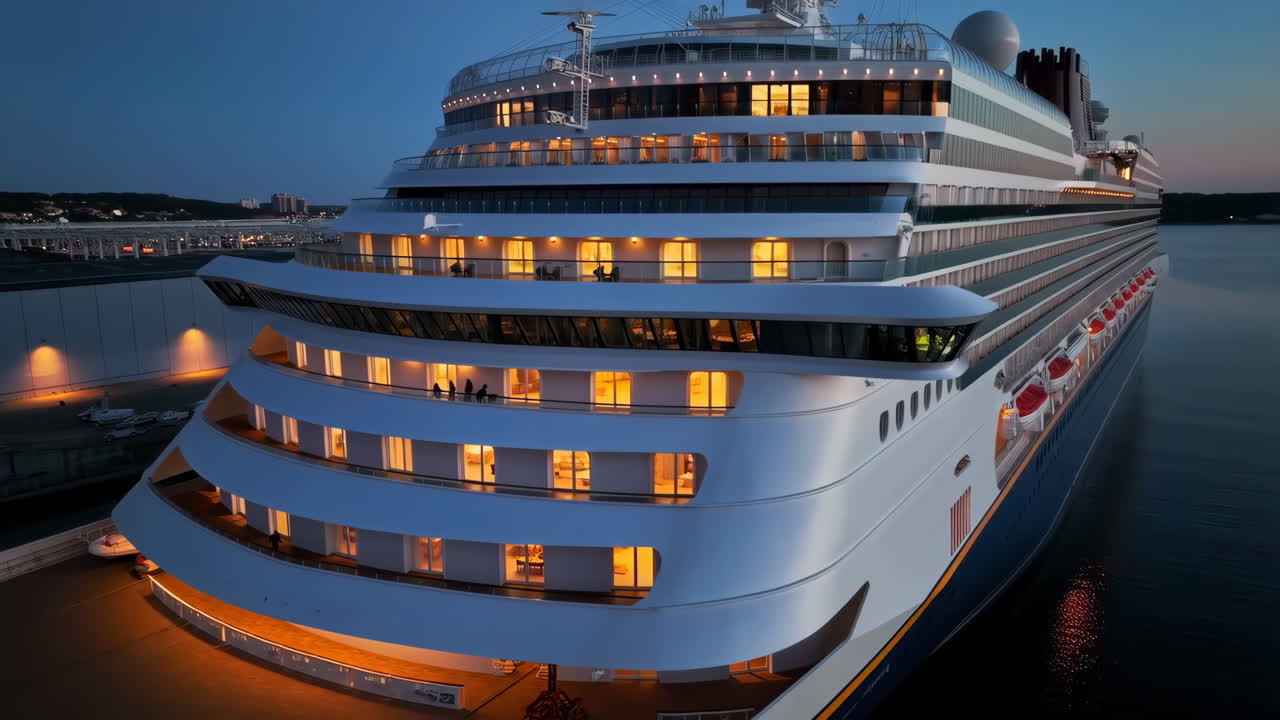 A large luxury cruise ship docked at dusk with its windows illuminated