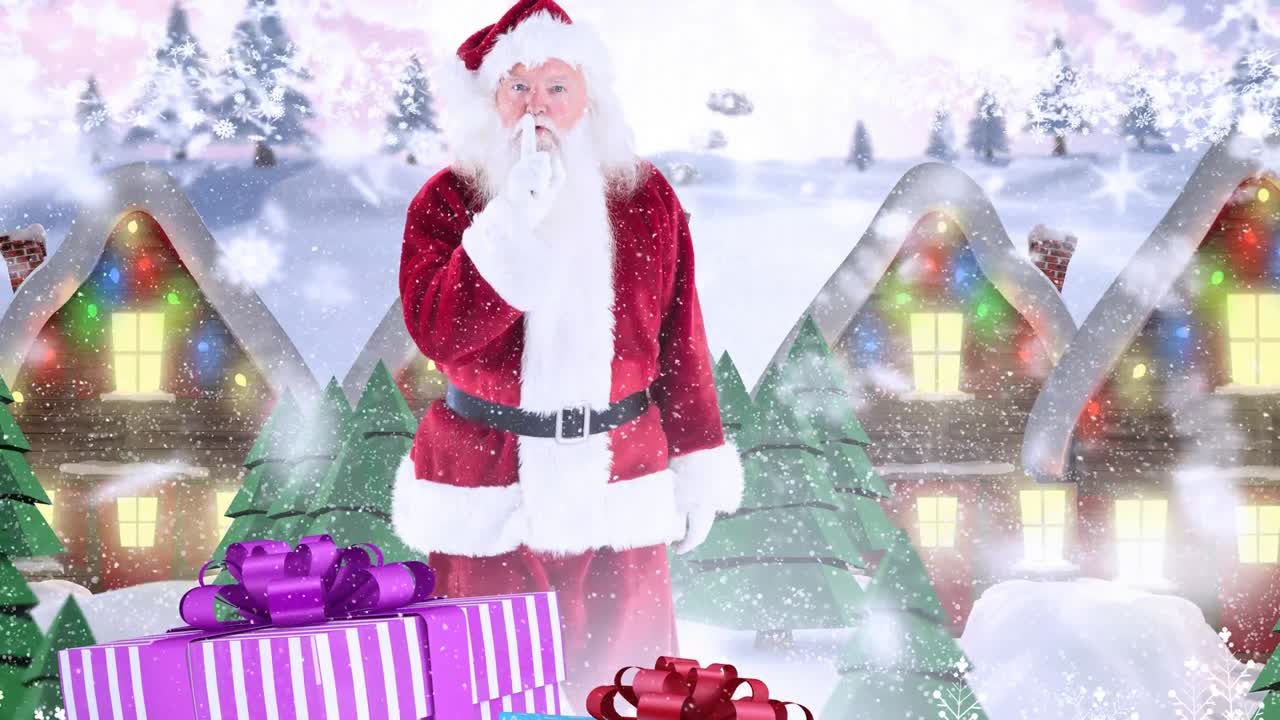 겨울의 풍경과 함께 내리는 눈과 함께 장식 된 집 앞의 산타 클로스