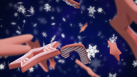 Animation-Von-Lebkuchenplätzchen-über-Fallendem-Schnee-Auf-Blauem-Hintergrund