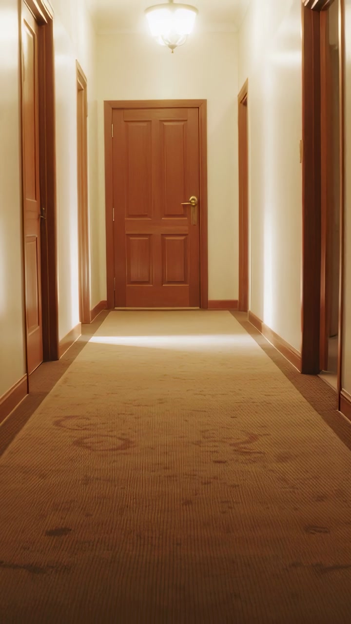 Vertical video: Advancing camera approaching closed wooden door with brass handle in carpeted hall