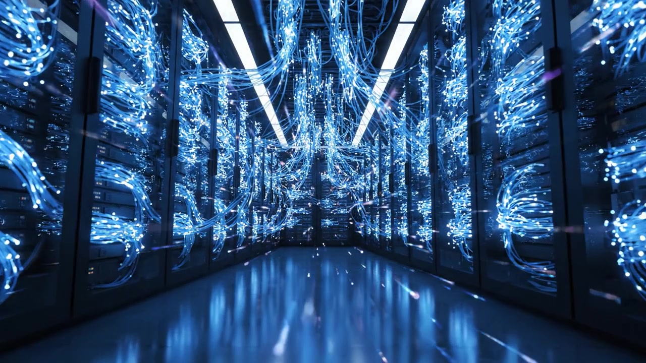 A Stunning Look into a High-Tech Data Center Filled with Illuminated Fiber Optic Cables and Server Racks Creating a Futuristic Network Environment