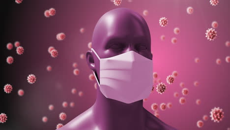 animación de células macro covid-19 flotando alrededor de un rostro humano en 3d sobre un fondo rosa.