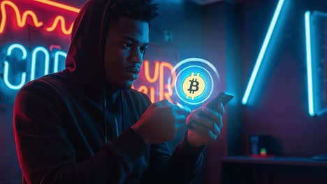 engaged in cryptocurrency: a young individual analyzes bitcoin on a smartphone amidst neon lights and a tech-inspired background