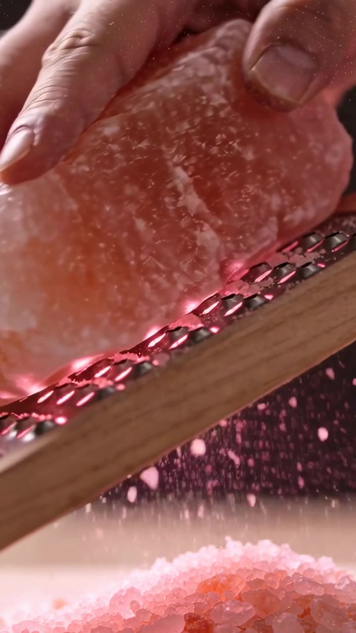 Video verticale: Mani che posizionano un blocco di sale, grattugiandolo su una grattugia in un supporto di legno sul bancone per condire