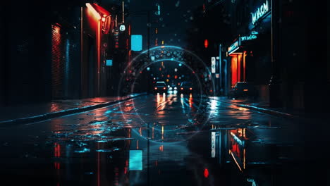 neon cyberpunk city street at night with glowing ring