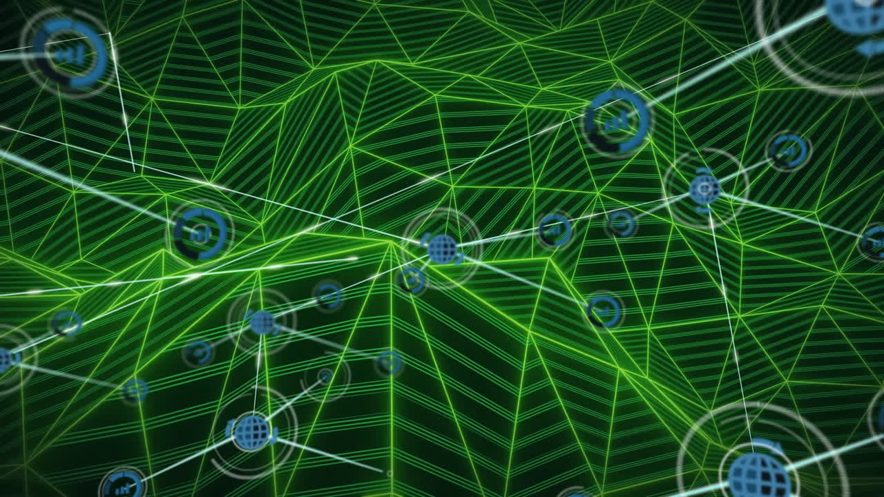 Network of connections and data processing animation over green geometric background