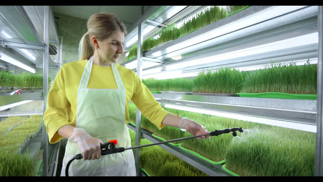 Woman Spraying Microgreens in Indoor Farm