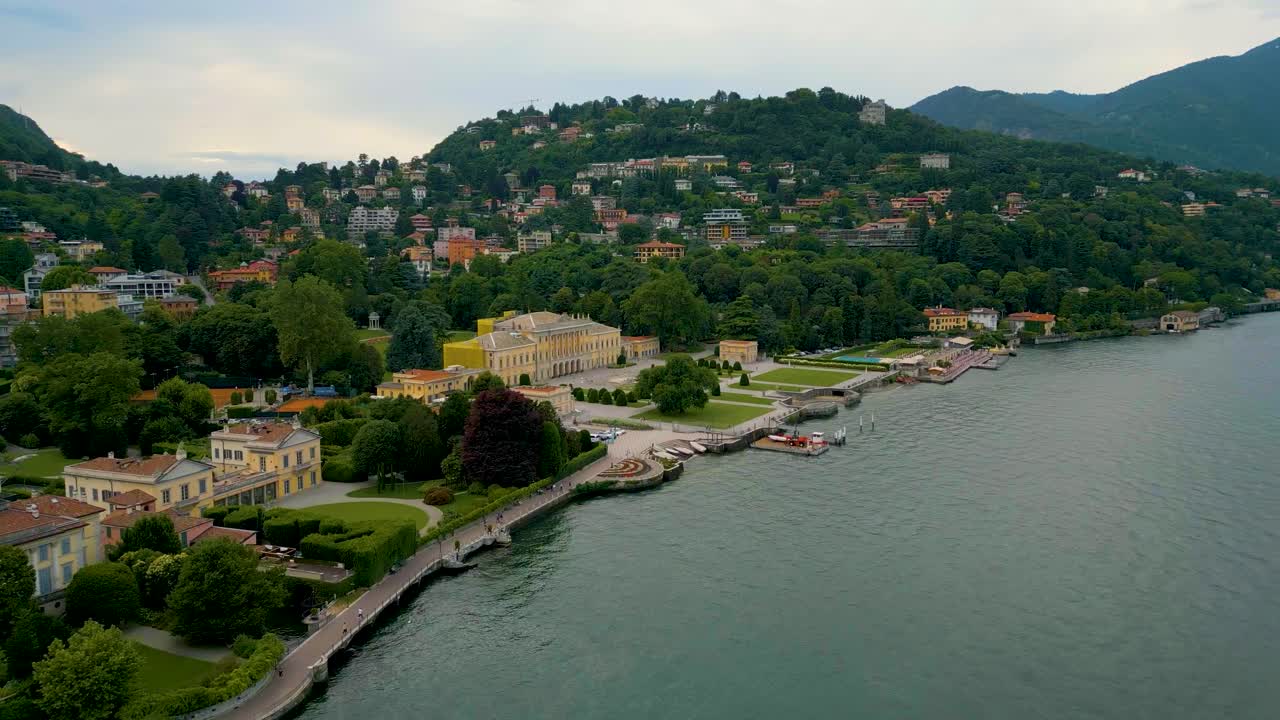 4K Aerial Drone Video of the Beautiful Lakeside Gardens of Villa Olmo on Lake Como, Italy in the Summer