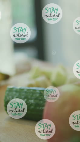 animation of stay natural texts icons over vegetables