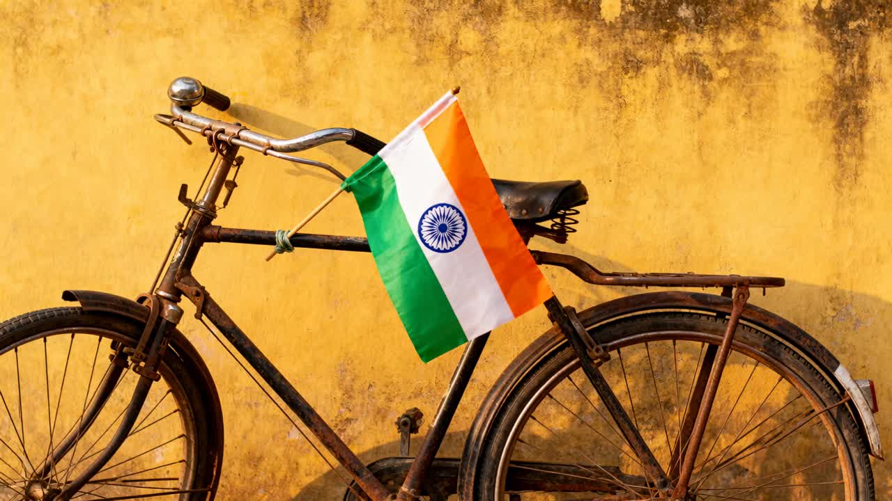 Bandiera tricolore che sventola legata a una bicicletta d'epoca, che cattura la leggera brezza contro un muro giallo, assestandosi.