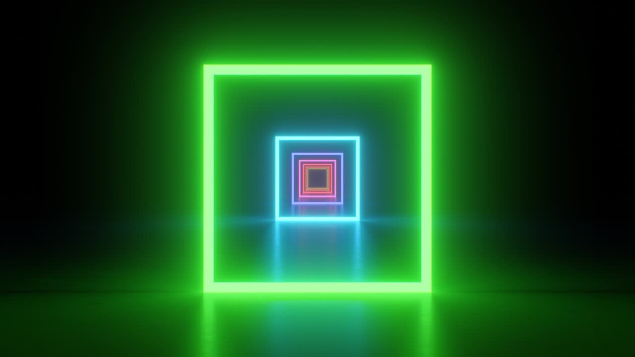 arco iris de neón túnel de brillo luces fluorescentes formas cuadradas reflexiones - 4k sin costuras vj bucle de movimiento animación de fondo