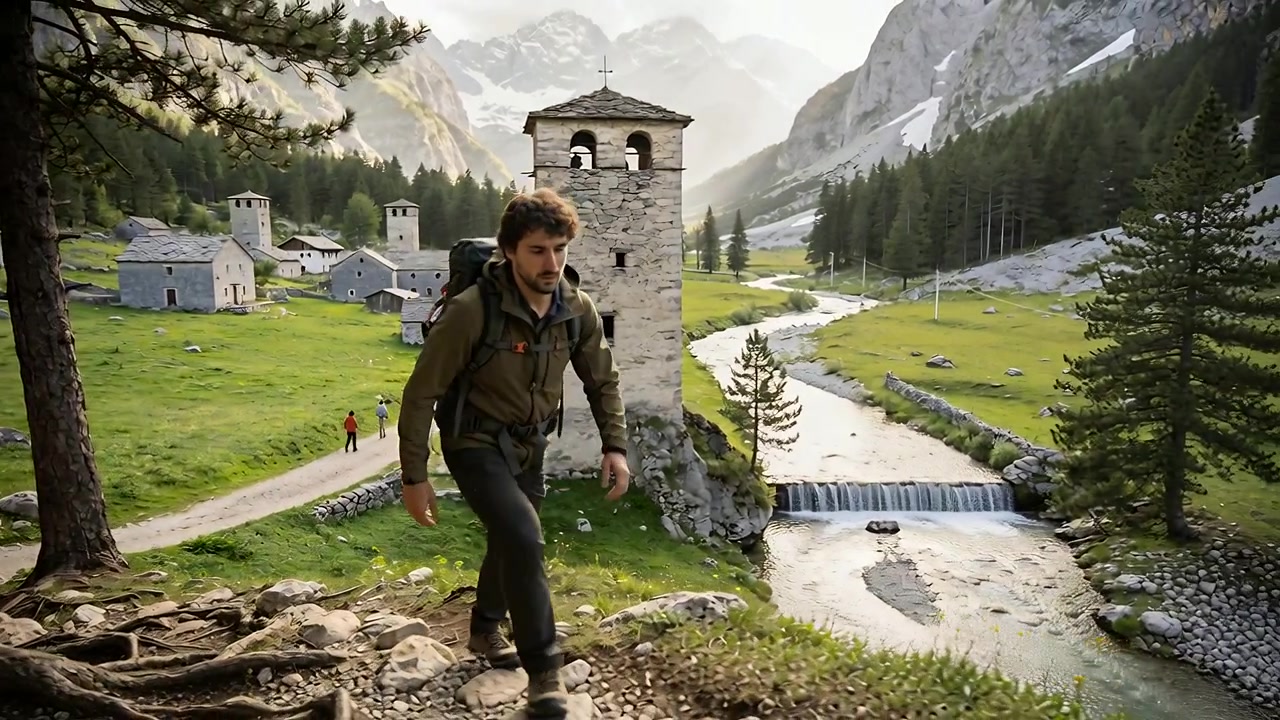 Ein einsamer Wanderer in olivfarbener Jacke mit Rucksack steigt auf einem alpinen Hang über Wurzeln und ist auf Wanderung.