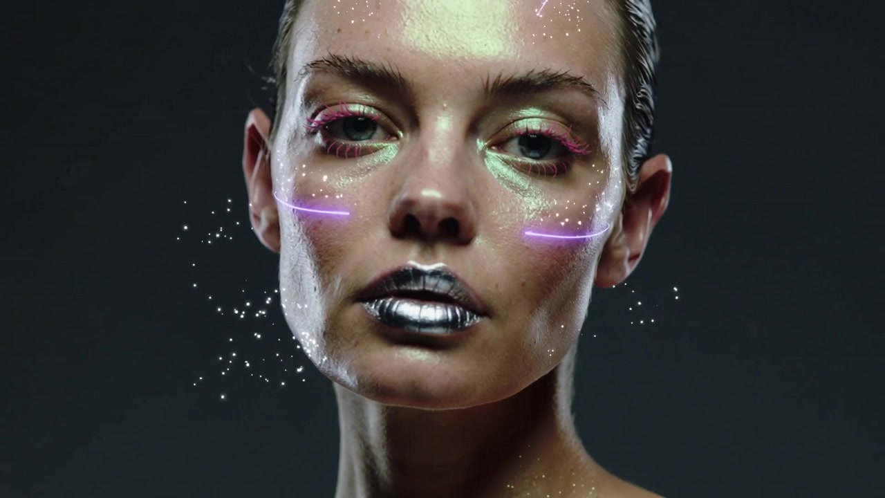 Activating neon overlay model posing for beauty ad on set, metallic lips and purple streaks glowing