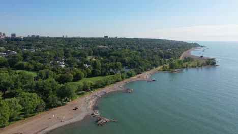 aerial shot flying along the coastline of lake ontario, with a beach and a tennis court in the summer