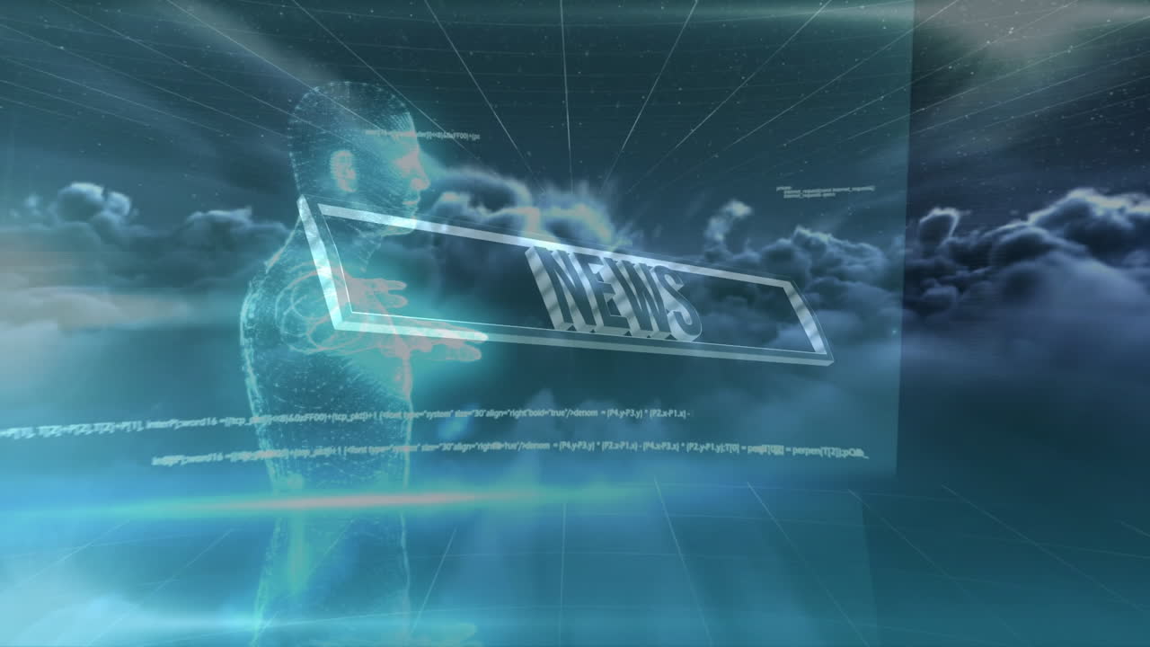 뉴스, 인간 모델 및 데이터의 애니메이션이 구름과 함께 하늘을 이동합니다.