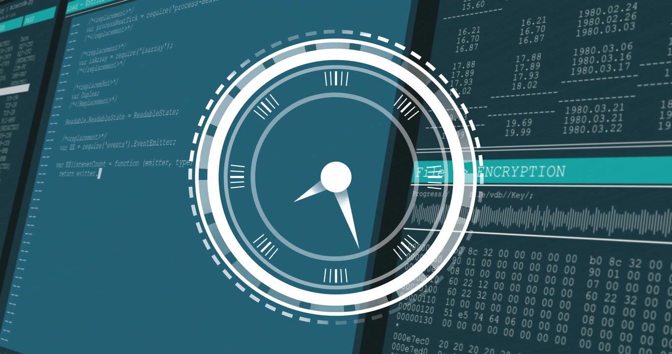 HUD appearing, rotating over tilted screens, overlaying code and indicating encryption progress