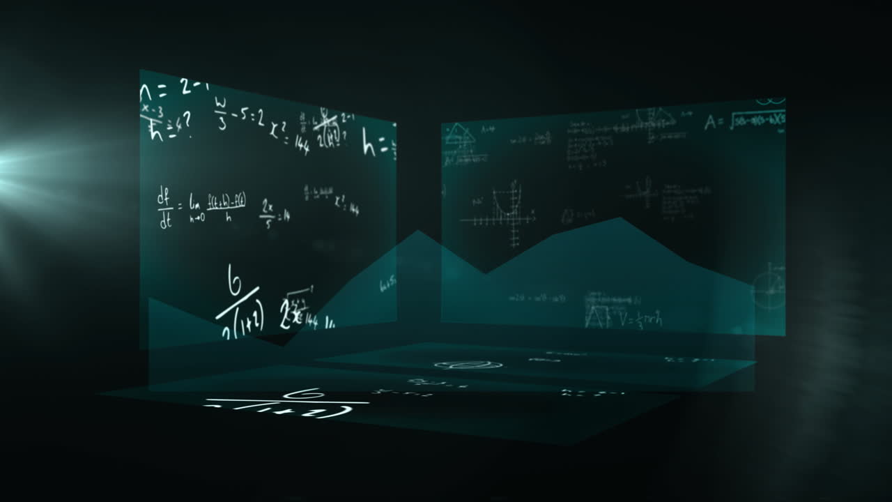 Mathematical equations and formulas animation over dark geometric background