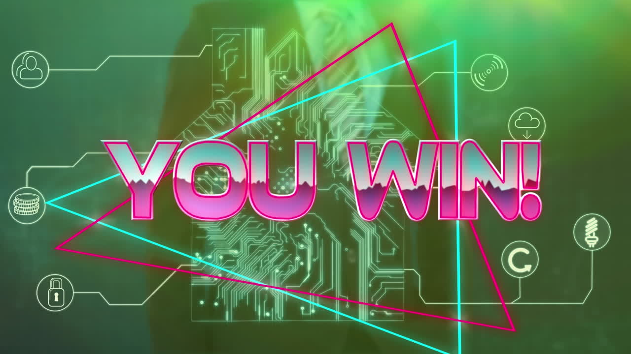 당신은 보이지 않는 화면을 만지는 사업가의 중간 섹션에 대해 네온 삼각형에 텍스트를 승리