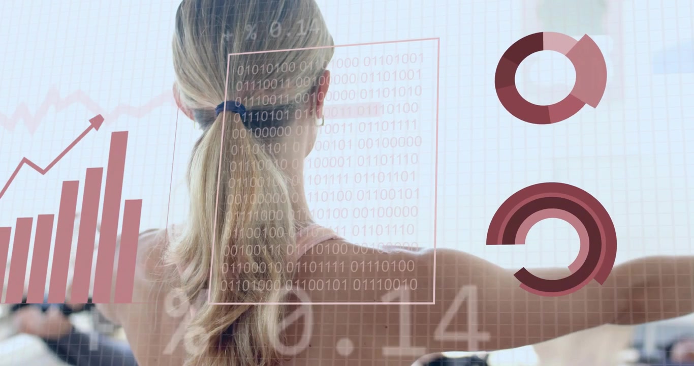 woman extending arms in fitness gym and generating animated pie charts and graphs for data analysis