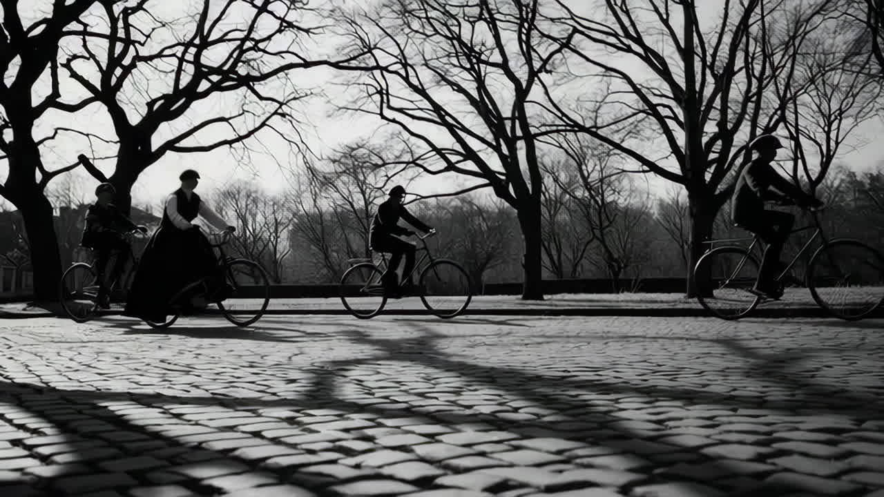 A person riding a bicycle on a cobblestone street in black and white