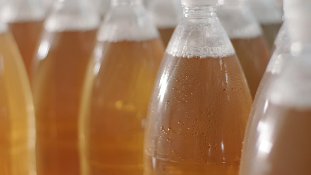 현대 음료 공장에서 주스 또는 물을위한 병을 가진 컨베이어 벨트 - 달한 소다 물의 현대 생산