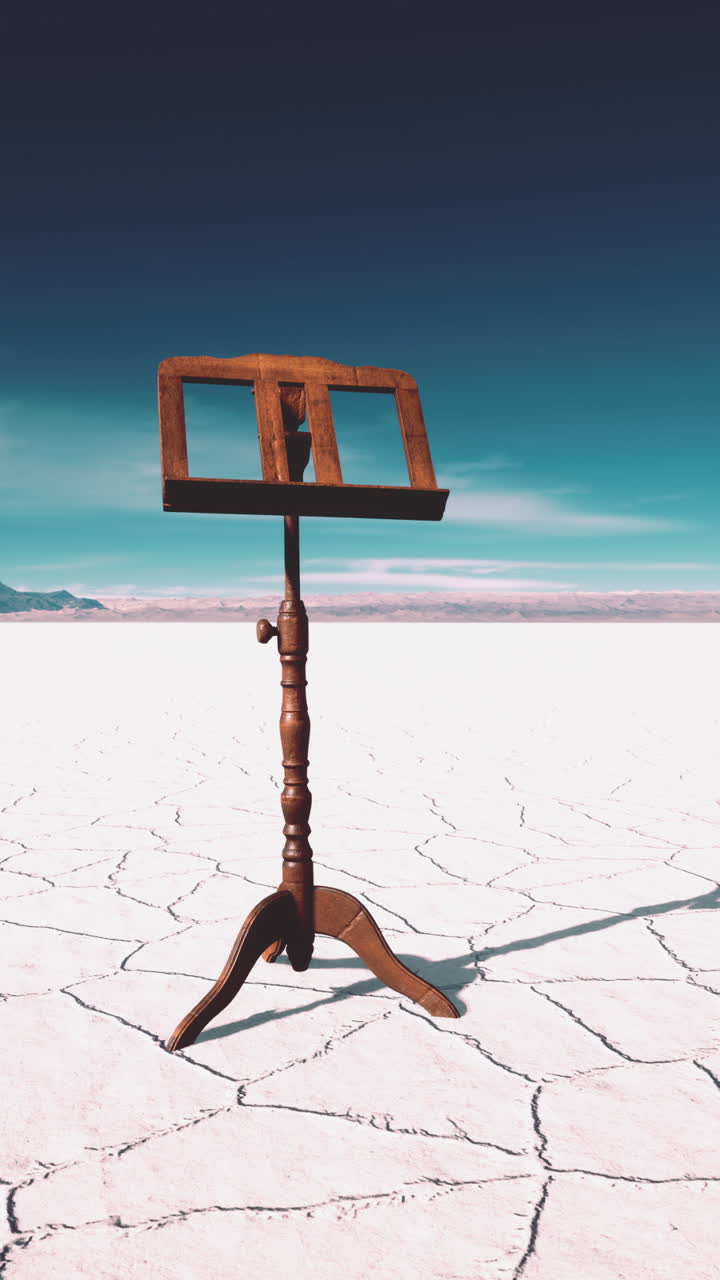 un soporte de música de madera en un paisaje desértico