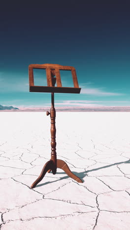 un soporte de música de madera en un paisaje desértico