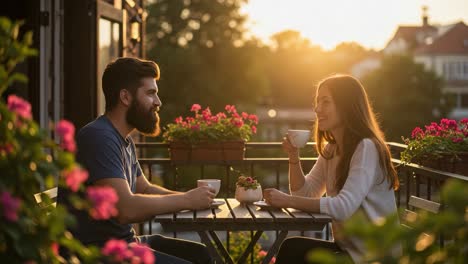 Couple Enjoying Coffee and a Romantic Sunset on a Balcony