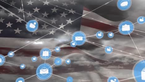 Animation-of-network-of-connections-with-icons-over-flag-of-united-states-of-america-and-sky