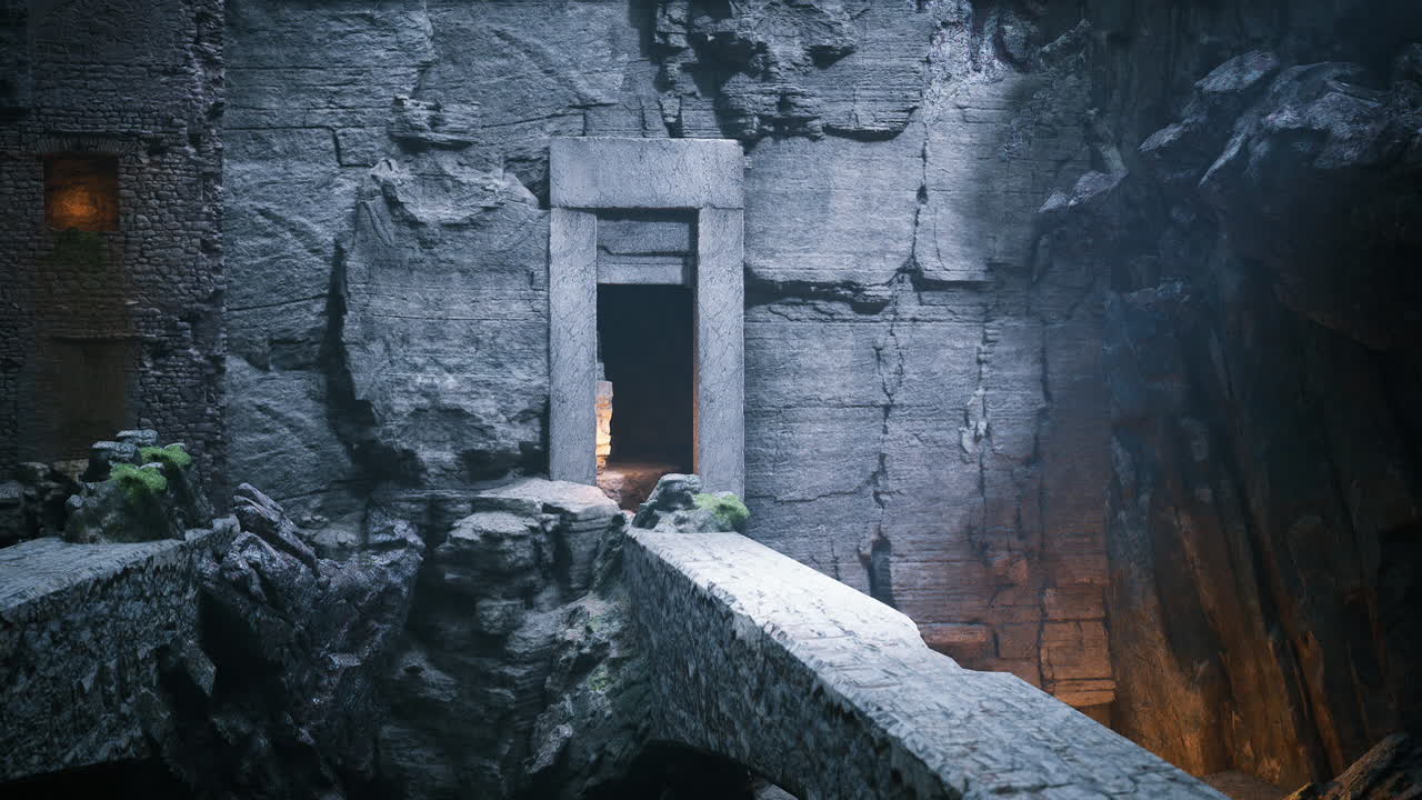 Ancient stone structure illuminated by mysterious light in dark cavern