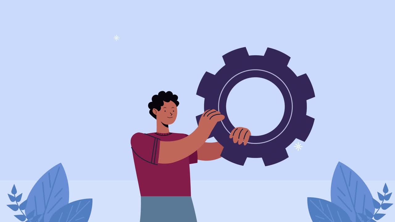 joven empresario con animación de engranajes