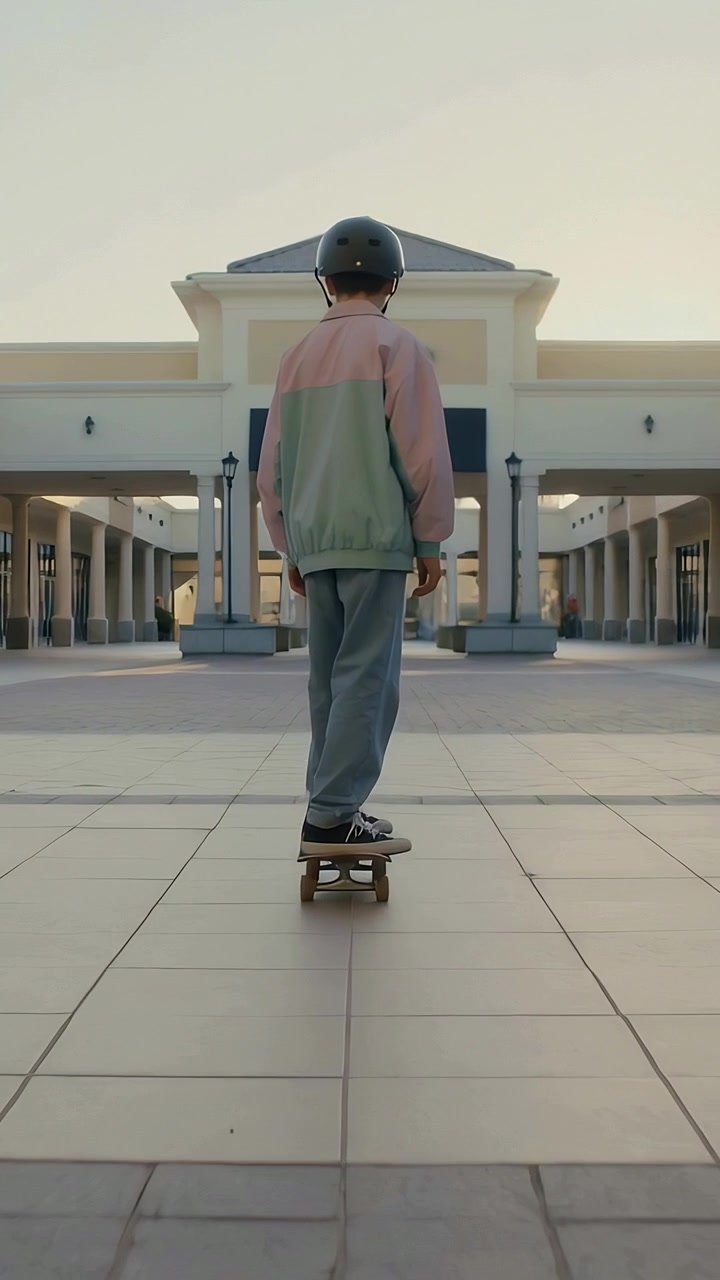Vertical video: Rolling teen on board from front coasting toward columns in pastel jacket helmet
