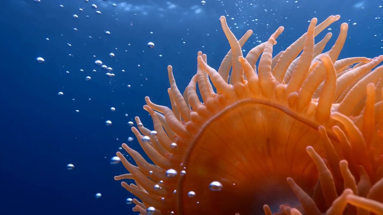 Scena subacquea macro che mostra un'anemone di mare arancione corallo con tentacoli tubolari radianti in primo piano a destra, mentre piccole bolle salgono attraverso l'acqua blu profondo, creando una texture marina calma e vivida.