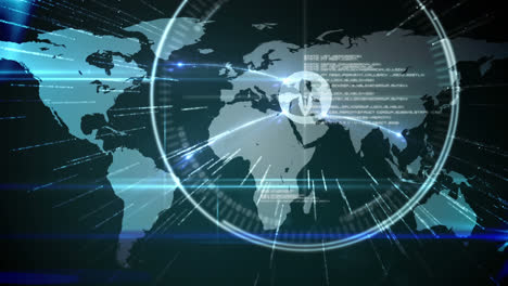 Animation-of-globe,-world-map-with-connections-and-data-processing