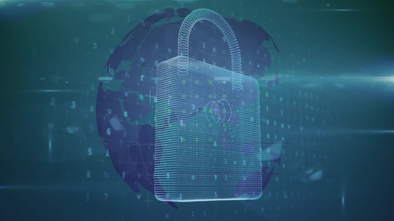 Security padlock icon against data processing over spinning globe