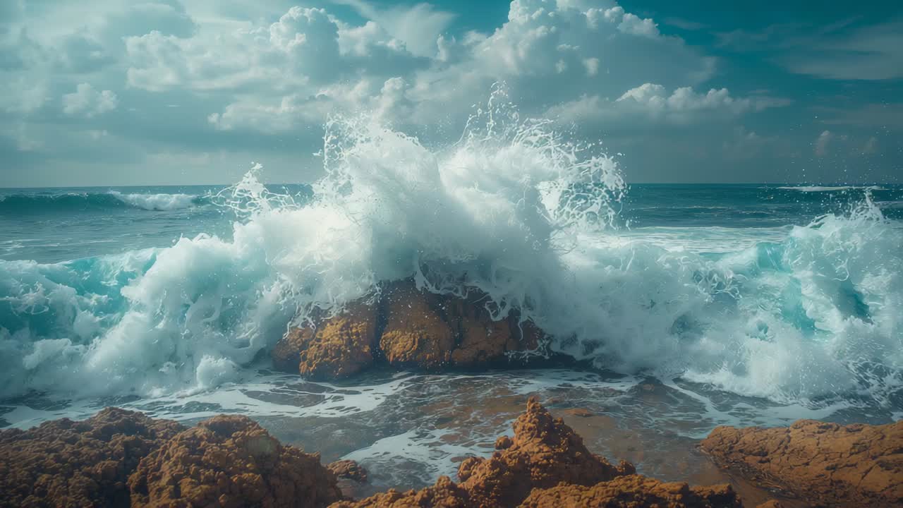 Approaching ocean swell striking rocky outcrop at shoreline, sending white spray and cascading foam