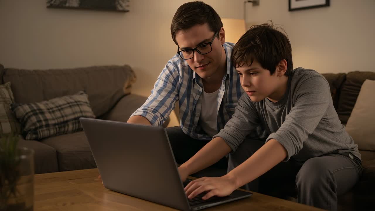 Guiding adult wearing plaid shirt helping adolescent typing on laptop after placing hands at home