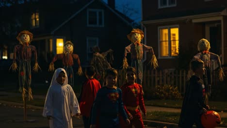 A Spooky Halloween Night: Children Dressed in Costumes Walk Past Eerie Scarecrows, Embracing the Festive Atmosphere of Trick-or-Treating in a Quiet Neighborhood