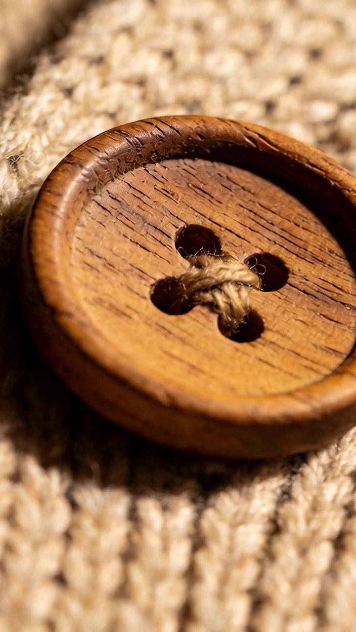 Vertical video: Moving camera revealing wood four hole button on beige knit, showing grain stitch
