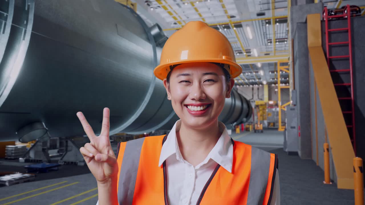 안전 헬을 입은 아시아 여성 엔지니어가 파이프 제조 공장에서 서서 웃고 평화의 몸짓을 보여줍니다.