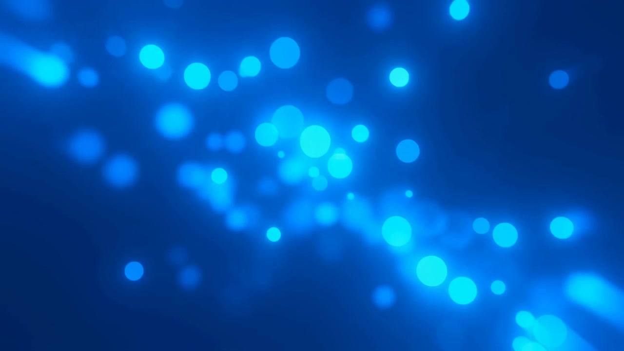 Sequenza iniziale-intermedia di cerchi blu luminosi e soffusi che si muovono diagonalmente su uno sfondo scuro e profondo, creando un'atmosfera astratta e calma con sfocatura e profondità