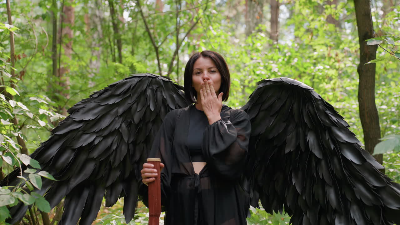 Young lady wearing black feather costume standing in forest giving air kiss with subtle smile, surrounded by lush green trees and sunlight, creating soft, mysterious atmosphere