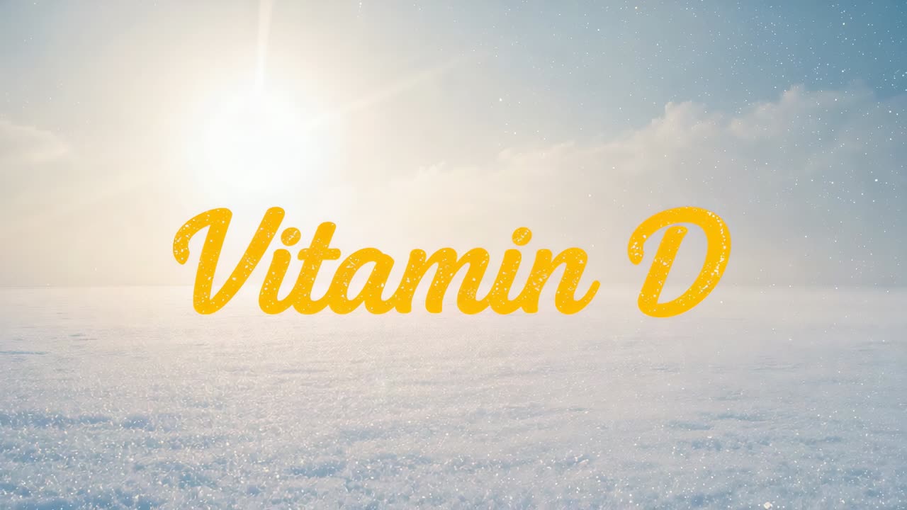 Opening sequence introducing centered yellow Vitamin D title over snow plain as sun flare glinting