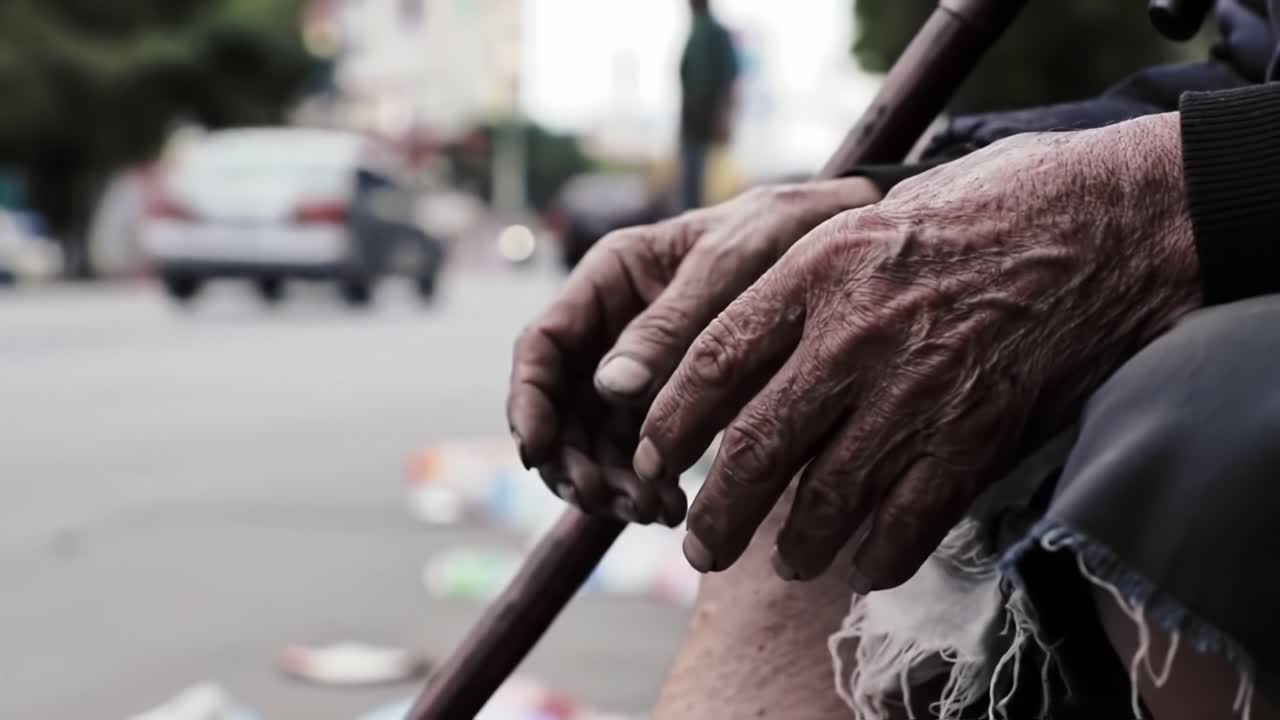 An elderly person holds a cane, hands weathered and dirty, while sitting on a bustling street. People move past without noticing, highlighting the contrast of life and hardship.